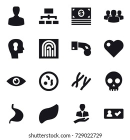 16 vector icon set : man, hierarchy, money, group, bulb head, fingerprint, hand coin, heart, check in