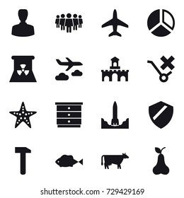 16 vector icon set : man, team, plane, diagram, nuclear power, journey, fort, starfish, chest of drawers, cow, pear