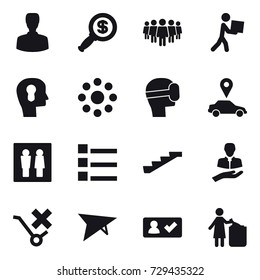 16 vector icon set : man, dollar magnifier, team, courier, bulb head, round around, virtual mask, car pointer, wc, list, stairs, deltaplane, check in, garbage bin