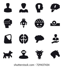 16 vector icon set : man, woman, bulb head, brain, virtual mask, jet robot, dog, cow, horse