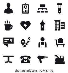 16 vector icon set : man, report, hierarchy, vial, hot drink, tower, houses, baggage trolley, table, phone, hair dryer, harvester