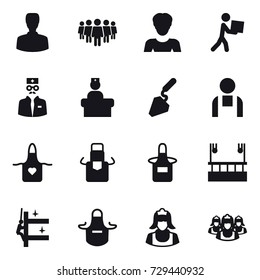 16 vector icon set : man, team, woman, courier, construction, apron, skyscapers cleaning, skyscrapers cleaning, cleaner, outsource