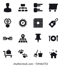 16 vector icon set : man, hierarchy, diagram, delivery, bulb brain, sun power, cpu, school, cafe, baggage trolley, pets, bucket and broom, house cleaning