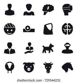 16 vector icon set : man, woman, brain, virtual mask, dog, sheep, pig, cow, horse