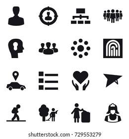 16 vector icon set : man, target audience, hierarchy, team, bulb head, group, round around, fingerprint, car pointer, list, deltaplane, tourist, garden cleaning, garbage bin, cleaner