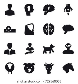 16 vector icon set : man, bulb head, brain, jet robot, dog, sheep, pig, cow, horse