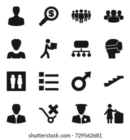 16 vector icon set : man, dollar magnifier, team, group, woman, courier, structure, virtual mask, wc, list, stairs, garbage bin