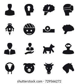 16 vector icon set : man, bulb head, brain, virtual mask, jet robot, dog, sheep, pig, cow, horse