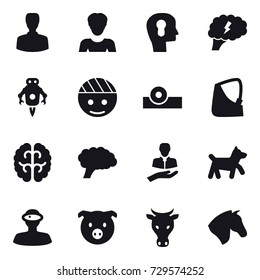 16 vector icon set : man, woman, bulb head, brain, jet robot, dog, pig, cow, horse