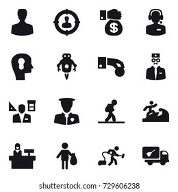 16 vector icon set : man, target audience, money gift, call center, bulb head, jet robot, hand coin, architector, tourist, surfer, reception, trash, vacuum cleaner, home call cleaning