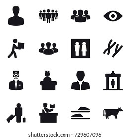 16 vector icon set : man, team, group, eye, courier, wc, detector, passenger, inspector, slippers, cow