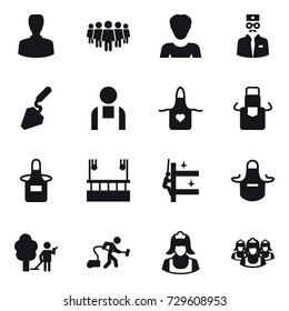 16 vector icon set : man, team, woman, construction, apron, skyscapers cleaning, skyscrapers cleaning, garden cleaning, vacuum cleaner, cleaner, outsource