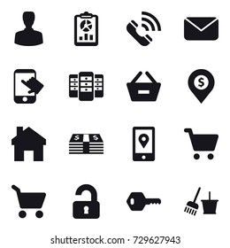 16 vector icon set : man, report, call, mail, touch, server, remove from basket, dollar pin, home, cart, unlocked, key, bucket and broom