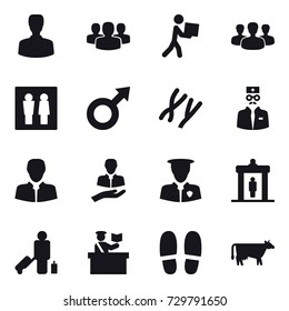 16 vector icon set : man, group, courier, wc, detector, passenger, inspector, slippers, cow