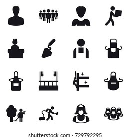 16 vector icon set : man, team, woman, courier, construction, apron, skyscapers cleaning, skyscrapers cleaning, garden cleaning, vacuum cleaner, cleaner, outsource