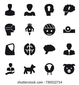 16 vector icon set : man, woman, bulb head, brain, virtual mask, jet robot, dog, sheep, pig