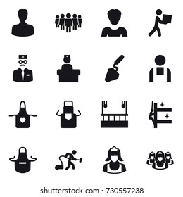 16 vector icon set : man, team, woman, courier, construction, apron, skyscapers cleaning, skyscrapers cleaning, vacuum cleaner, cleaner, outsource