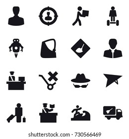 16 vector icon set : man, target audience, courier, hoverboard, jet robot, under construction, deltaplane, passenger, inspector, surfer, home call cleaning