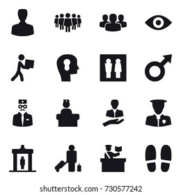 16 vector icon set : man, team, group, eye, courier, bulb head, wc, detector, passenger, inspector, slippers