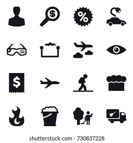 16 vector icon set : man, dollar magnifier, percent, electric car, smart glasses, electrostatic, journey, plane, tourist, chef  hat, foam bucket, garden cleaning, home call cleaning