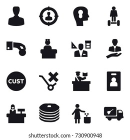 16 vector icon set : man, target audience, bulb head, hoverboard, hand coin, architector, inspector, identity card, reception, garbage bin, home call cleaning