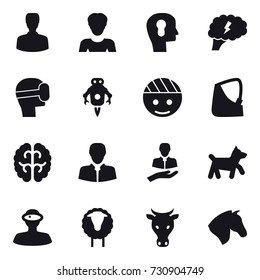 16 vector icon set : man, woman, bulb head, brain, virtual mask, jet robot, dog, sheep, cow, horse