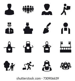 16 vector icon set : man, team, woman, courier, construction, apron, skyscapers cleaning, garden cleaning, vacuum cleaner, cleaner, outsource