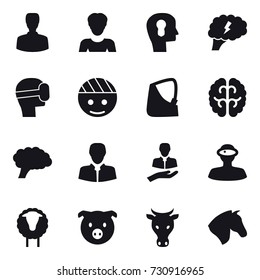 16 vector icon set : man, woman, bulb head, brain, virtual mask, sheep, pig, cow, horse