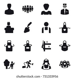 16 vector icon set : man, team, woman, construction, apron, skyscrapers cleaning, garden cleaning, vacuum cleaner, cleaner, outsource