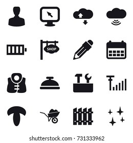 16 vector icon set : man, monitor arrow, cloude service, cloud wireless, battery, shop signboard, pencil, life vest, service bell, repair tools, wheelbarrow, fence, shining