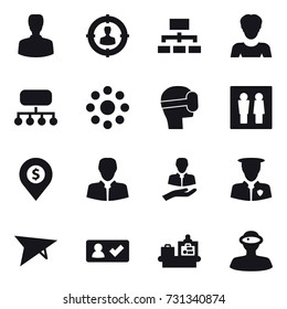 16 vector icon set : man, target audience, hierarchy, woman, structure, round around, virtual mask, wc, dollar pin, deltaplane, check in, baggage checking