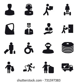 16 vector icon set : man, call center, courier, hoverboard, passenger, invalid, trash, vacuum cleaner, garbage bin, home call cleaning