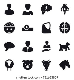 16 vector icon set : man, woman, brain, jet robot, dog, sheep, pig, cow, horse