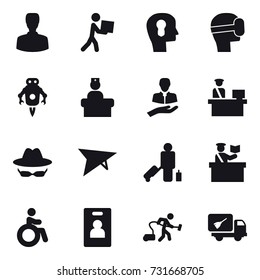 16 vector icon set : man, courier, bulb head, virtual mask, jet robot, deltaplane, passenger, inspector, invalid, identity card, vacuum cleaner, home call cleaning