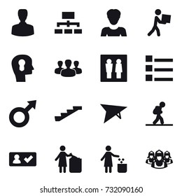 16 vector icon set : man, hierarchy, woman, courier, bulb head, group, wc, list, stairs, deltaplane, tourist, check in, garbage bin, outsource