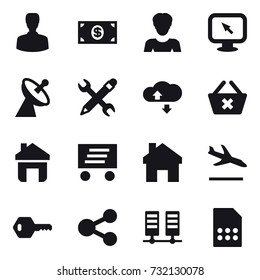 16 vector icon set : man, money, woman, monitor arrow, satellite antenna, pencil wrench, cloude service, delete cart, home, delivery, arrival, key