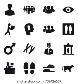 16 vector icon set : man, team, group, eye, courier, bulb head, wc, detector, inspector, slippers, cow