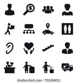 16 vector icon set : man, dollar magnifier, group, woman, courier, structure, car pointer, wc, stairs, inspector, garbage bin, home call cleaning