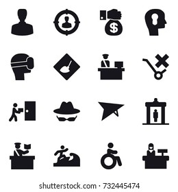 16 vector icon set : man, target audience, money gift, bulb head, virtual mask, under construction, deltaplane, detector, inspector, surfer, invalid, reception