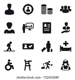 16 vector icon set : man, target audience, coin stack, group, woman, presentation, tourist, check in, passenger, hospital, invalid, Chair for babies, vacuum cleaner, cleaner