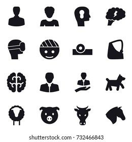 16 vector icon set : man, woman, bulb head, brain, virtual mask, dog, sheep, pig, cow, horse