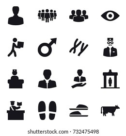 16 vector icon set : man, team, group, eye, courier, detector, inspector, slippers, cow