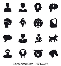 16 vector icon set : man, woman, bulb head, brain, virtual mask, jet robot, dog, sheep, pig, horse
