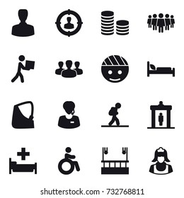 16 Vector Icon Set : Man, Target Audience, Coin Stack, Team, Courier, Group, Tourist, Detector, Hospital, Invalid, Skyscapers Cleaning, Cleaner