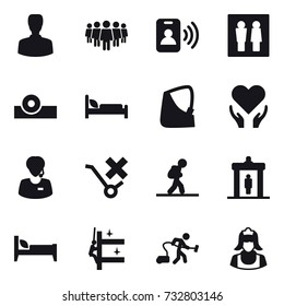 16 vector icon set : man, team, pass card, wc, tourist, detector, bed, skyscrapers cleaning, vacuum cleaner, cleaner