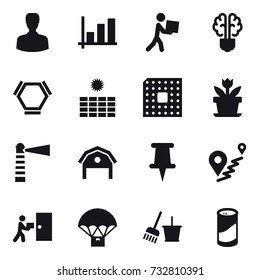 16 vector icon set : man, graph, courier, bulb brain, hex molecule, sun power, cpu, flower, lighthouse, barn, bucket and broom, cleanser powder