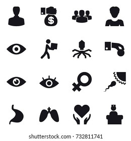 16 vector icon set : man, money gift, group, woman, eye, courier, virus, hand coin