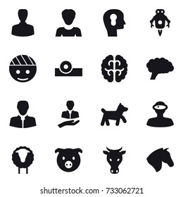 16 vector icon set : man, woman, bulb head, jet robot, dog, sheep, pig, cow, horse