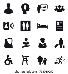 16 vector icon set : man, bulb head, presentation, group, pass card, wc, passenger, invalid, Chair for babies, garden cleaning, vacuum cleaner