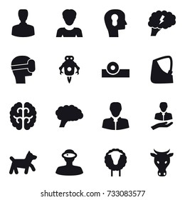 16 vector icon set : man, woman, bulb head, brain, virtual mask, jet robot, dog, sheep, cow